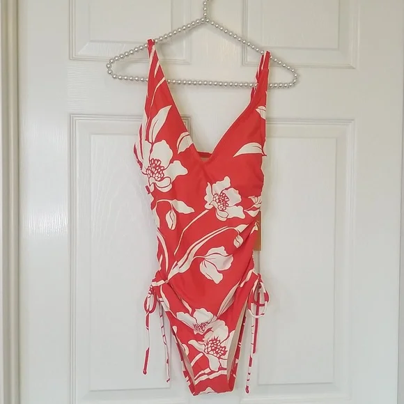 Kona Sol Red White Floral One Piece V Neck Swimsuit Size Small 4-6 - Picture 5 of 12